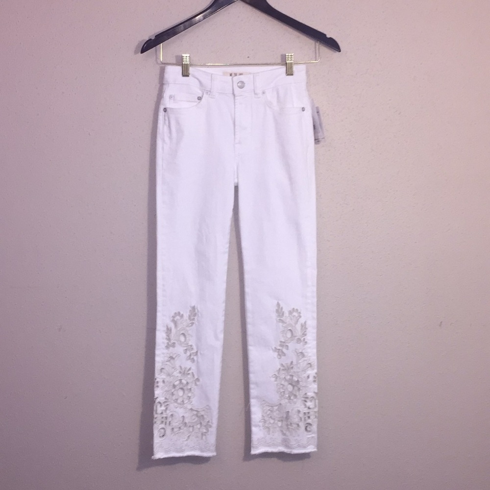 Free People white Cigarette Embroidered Jeans